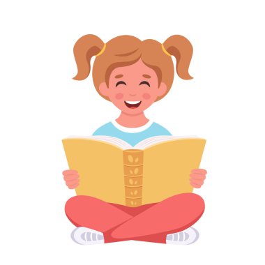 Kitap okuyan kız. Kitapla çalışan bir kız. Vektör illüstrasyonu