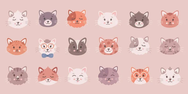 Χαριτωμένη Συλλογή Γάτας Πρόσωπα Γατών Κατοικίδια Γατάκια Χαριτωμένα Ζώα Εικονογράφηση — Διανυσματικό Αρχείο