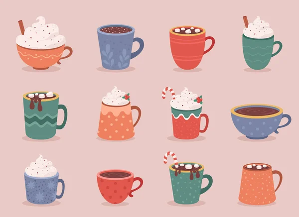 Herfst Winter Warme Dranken Warme Kerstdrankjes Warme Chocolademelk Koffie Vectorillustratie — Stockvector