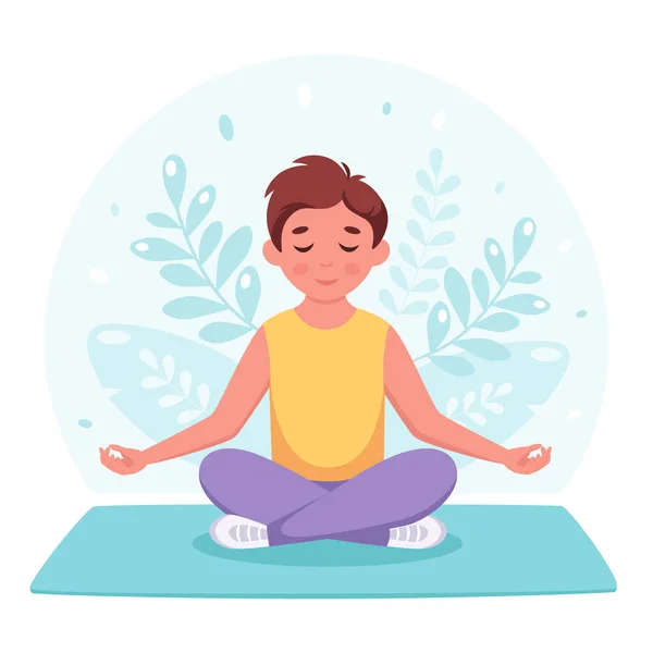 Boy Meditating Lotus Pose Gymnastic Yoga Meditation Children Vector Illustration — Stock Vector