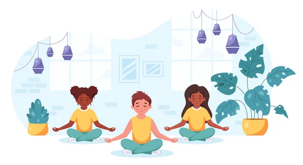 Niños Diferentes Nacionalidades Meditando Pose Loto Gimnasia Yoga Meditación Para — Vector de stock