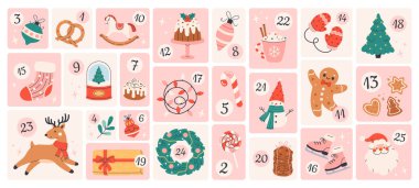 Cute Christmas advent calendar. Cozy festive december countdown with gifts and sweets. Perfect for Christmas cards, posters, wrapping paper, and seasonal design projects. Flat vector illustration