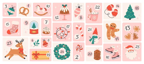 Cute Christmas advent calendar. Cozy festive december countdown with gifts and sweets. Perfect for Christmas cards, posters, wrapping paper, and seasonal design projects. Flat vector illustration
