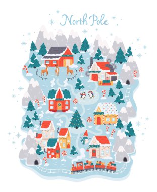 North pole Christmas village map with Santas workshop, reindeer stables, elf village, holiday train. Perfect for Christmas cards, posters, advent calendars, kids illustrations, festive designs