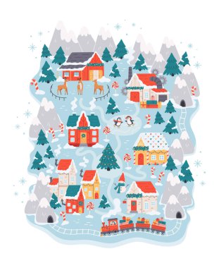 Noel Baba atölyesi, ren geyiği ahırı, elf köyü, tatil treni olan kuzey kutbu Noel köyü haritası. Noel kartları, posterler, gelişen takvimler, çocuk çizimleri, şenlik tasarımları için mükemmel.