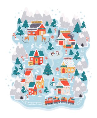 Noel Baba atölyesi, ren geyiği ahırı, elf köyü, tatil treni olan kuzey kutbu Noel köyü haritası. Noel kartları, posterler, gelişen takvimler, çocuk çizimleri, şenlik tasarımları için mükemmel.