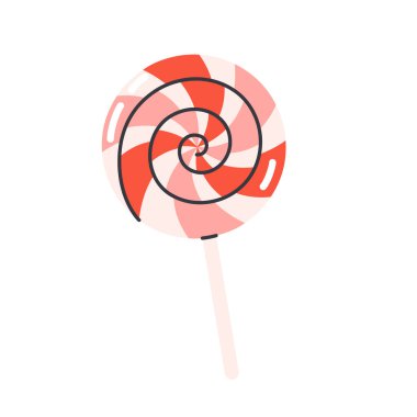 Tatlı şenlikli girdap lolipopu. Tatil tatlıları ve şekerler. Beyaz arkaplanda düz biçimdeki vektör illüstrasyonu