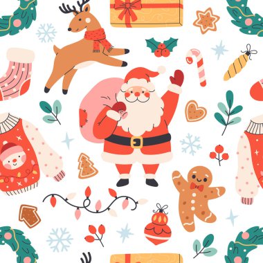 Noel şenliği unsurlarıyla kusursuz bir desen. Noel Baba, kazak, hediyeler, pasta, şeker, çelenk, ren geyiği. Pankart, duvar kağıdı, ambalaj kağıdı, arkaplan, kart, poster için tasarım. Vektör illüstrasyonu