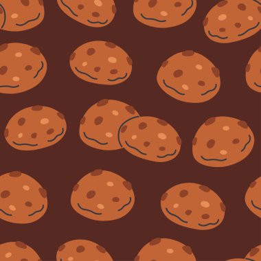 Çikolata parçacıklı kurabiyelerle kusursuz desen. Zencefilli Noel kurabiyesi. Pankart, duvar kağıdı, ambalaj kağıdı, arka plan, kart, poster için mükemmel. Vektör illüstrasyonu