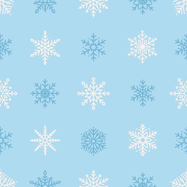 Minimalist kar taneleri olan kusursuz bir desen. Noel için yeni yıl için yumuşak bir kış tatili tasarımı. Pankart, duvar kağıdı, ambalaj kağıdı, arka plan, kart, poster için mükemmel. Vektör illüstrasyonu