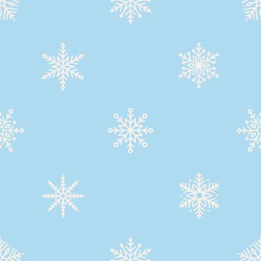 Minimalist kar taneleri olan kusursuz bir desen. Noel için yeni yıl için yumuşak bir kış tatili tasarımı. Pankart, duvar kağıdı, ambalaj kağıdı, arka plan, kart, poster için mükemmel. Vektör illüstrasyonu