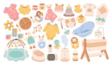 Yeni doğmuş aksesuarlar. Bebek bakım malzemeleri, beşik, oyuncaklar, bebek kıyafetleri, süt şişesi, çıngırak, bebek bezi, nemlendirici, küvet, video bebek monitörü. Yeni doğanlara ve bebeklere bakmak ve beslemek için malzemeler. Düz