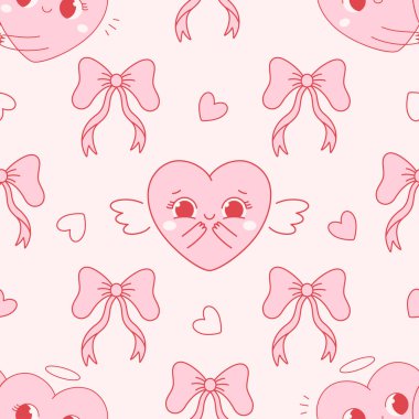 Sevgililer Günü kalp karakterleriyle kusursuz bir düzen. Pankart, duvar kağıdı, ambalaj kağıdı, arkaplan, kart, poster için tasarım. Vektör illüstrasyonu