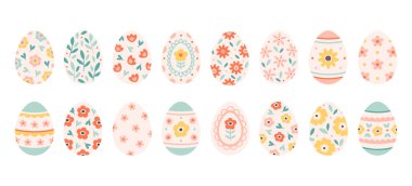 Bir çift boyalı Paskalya yumurtası. Çiçekli yumurta. Paskalya sembolü, dekoratif elementler koleksiyonu. Düz vektör çizimi beyaz üzerine izole edildi