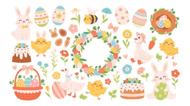 Sevimli Paskalya kutlamaları ayarlandı. Paskalya yumurtaları, kekler, çelenkler, hayvanlar, çiçekler ve mevsimlik dekorasyonlar. Bahar tatili çıkartmaları. Düz vektör çizimi beyaz üzerine izole edildi