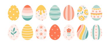 Paskalya yumurtaları. Paskalya sembolü, dekoratif elementler koleksiyonu. Düz vektör çizimi beyaz üzerine izole edildi