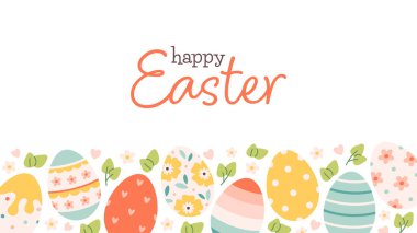 Güzel boyanmış Paskalya yumurtaları ve çiçek arka planı. Paskalya sembolü, dekoratif elementler. Düz vektör çizimi beyaz üzerine izole edildi