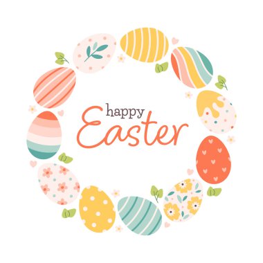 Renkli yumurtalı şirin Paskalya tebrik kartı. Pankart, duvar kağıdı, ambalaj kağıdı, arkaplan, kart, poster için tasarım. Düz biçimli vektör illüstrasyonu