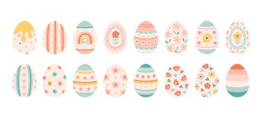 Renkli, şirin Paskalya yumurtaları. Paskalya sembolü, dekoratif elementler koleksiyonu. Düz vektör çizimi beyaz üzerine izole edildi
