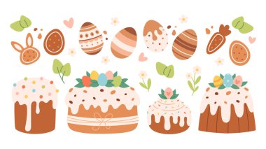 Tatlı Paskalya pastaları, tatlılar, çikolatalı yumurta koleksiyonu. Paskalya ziyafetleri. Düz vektör illüstrasyonu