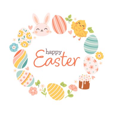 Renkli yumurtalar, civciv, tavşan, çiçekler ve paskalya pastası olan şirin Mutlu Paskalya tebrik kartı. Pankart, duvar kağıdı, ambalaj kağıdı, arkaplan, kart, poster için tasarım. Vektör illüstrasyonu