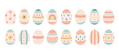 Sevimli renkli Paskalya yumurtası koleksiyonu. Paskalya sembolü, dekoratif elementler koleksiyonu. Düz vektör illüstrasyonu