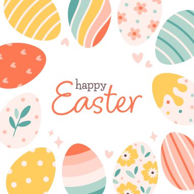 Renkli yumurta ve bahar çiçekleriyle dolu şirin Paskalya tebrik kartı. Düz vektör çizimi