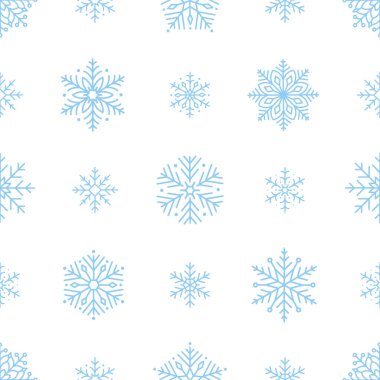 Minimalist kar taneleri olan kusursuz bir desen. Noel için yeni yıl için yumuşak bir kış tatili tasarımı. Pankart, duvar kağıdı, ambalaj kağıdı, arka plan, kart, poster için mükemmel. Vektör illüstrasyonu