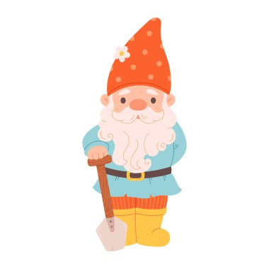 Güzel el çizimi bahçe cücesi. Çizgi roman karakteri. Bahçe elfi. Düz vektör illüstrasyonu