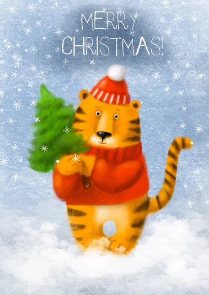 Christmas card with cute tiger, the symbol of 2022, winter holiday illustration with cartoon character