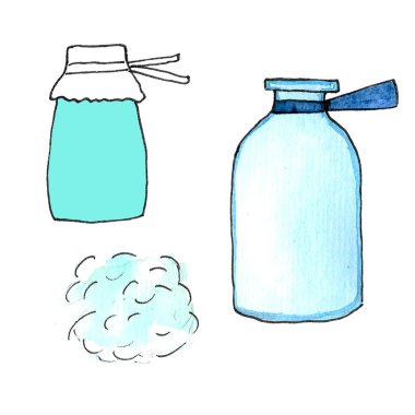 Suluboya eczane şişeleri. Beyaz arkaplanda el çizimi ögeler koleksiyonu