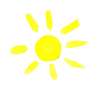 El çizimi suluboya güneş ikonu. Sarı güneş. Güneşli bir gün.