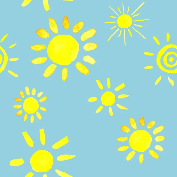 Nahtloses Muster mit Sonne auf blauem Hintergrund. Aquarellillustration. — Stockfoto