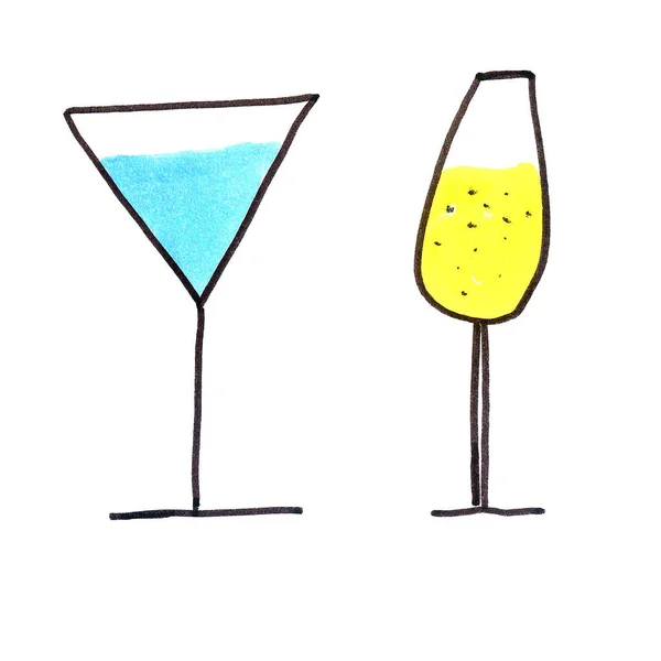 Óculos de linha. Delinear copos planos e ícones de bebidas, potes de bebidas, vinho, coquetéis símbolos para o logotipo. — Fotografia de Stock