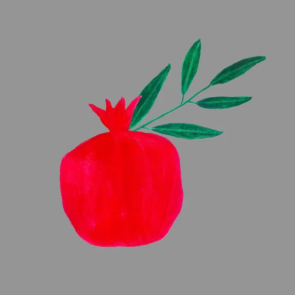 Akvarell granatäpple med gröna blad. Handritning iilustration — Stockfoto