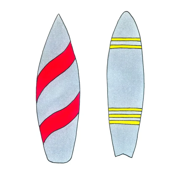 Sada surfařských handdraw plochý materiál design objekt. Izolovaná ilustrace na bílém pozadí. — Stock fotografie
