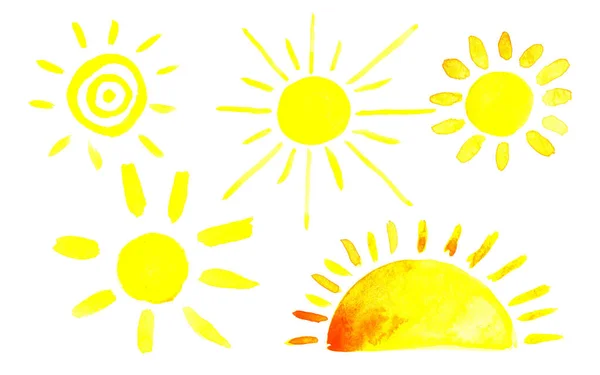 Set von isolierten gelben Aquarell Sonne, Aquarell-Illustration — Stockfoto