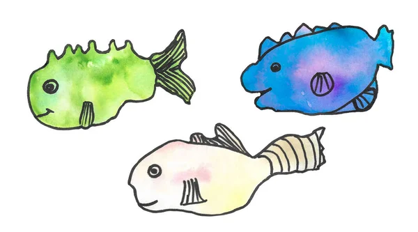Uppsättning akvarell fantasi fiskar, havsdjur — Stockfoto