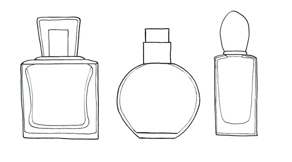 Uppsättning av parfymflaska skiss illustration. Isolerad kvinnlig parfym. . Tryck för skjortor, tapeter, affischer, kort, presentkort — Stockfoto