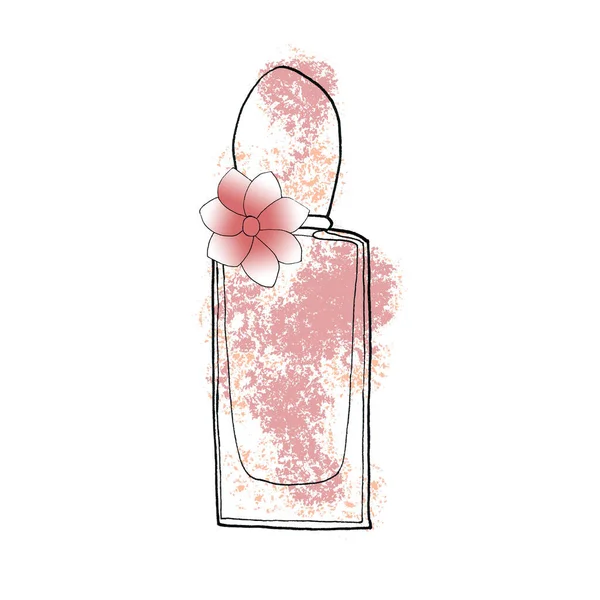 Růžová Parfém láhev náčrtek ilustrace. Izolovaný ženský parfém. . Tisk na košile, tapety, plakát, karty, dárkový poukaz — Stock fotografie