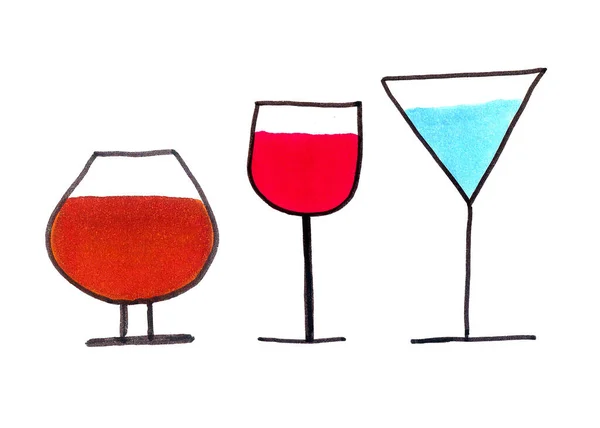 Набір лінійних окулярів. Начерк плоских келихів та значків напоїв, напоїв банок, вина, символів коктейлів для логотипу . — стокове фото
