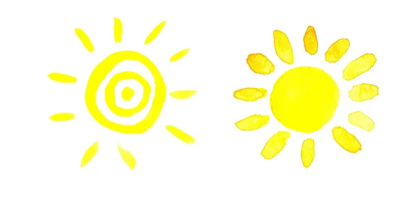 Комплект изолированного желтого акварельного солнца, акварельная иллюстрация — стоковое фото