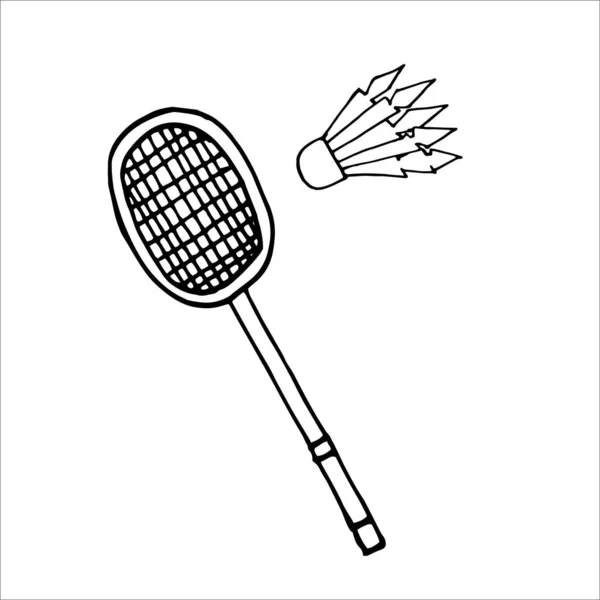 Een Stel Badmintonrackets Shuttlecock Elementen Geïsoleerd Witte Achtergrond Sportuitrusting Handtekening — Stockvector