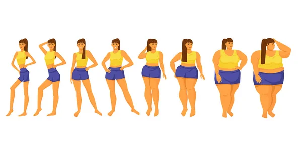 身体质量指数。不同形状的女孩。节食。肥胖。厌食症种群矢量图解。被白色的背景隔离了卡通设计. — 图库矢量图片