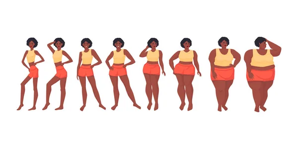 Index tělesné hmotnosti. Dívky různých tvarů. Dieta. Obezita. Anorexie. Vektorová ilustrace. Izolované na bílém pozadí. Návrh karikatury. — Stockový vektor