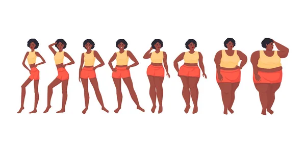 Índice de massa corporal. Meninas de diferentes formas. Dieta. Obesidade. Anorexia. Ilustração vetorial de estoque. Isolado sobre um fundo branco. Desenhos animados. —  Vetores de Stock