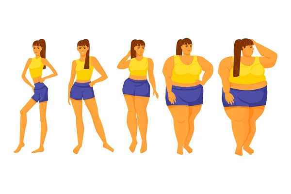 Índice de massa corporal. Meninas de diferentes formas. Dieta. Obesidade. Anorexia. Ilustração vetorial de estoque. Isolado sobre um fundo branco. Desenhos animados. —  Vetores de Stock