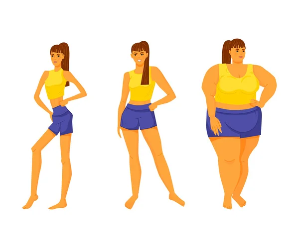 Changing the shape of a womans body depending on the diet. Anarexia, normal weight, obesity. Set of female figures. Vector illustration isolated on white background. — Stock Vector