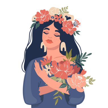 Elinde bir buket çiçek tutan tatlı bir kız. Vektör hisse senedi çizimi. Bahar, yıldönümü, doğum günü için tasarım. Beyaz arkaplanda izole.