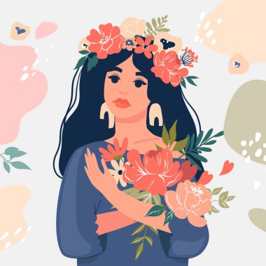 Elinde bir buket çiçek tutan sevimli siyah bir kız. Vektör hisse senedi çizimi. Bahar, yıl dönümü, doğum günü için tasarım.